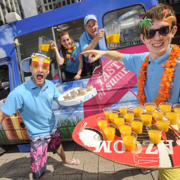 costa 004  Credit: Professional ImagesCosta ice cream van, Canary Wharf handing out samples of various Ice Cold Costa drinks.L to R:Allan Brown Kincso MolnarGavin Maguire. James Clarke