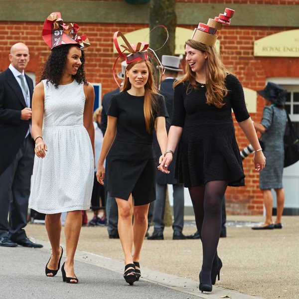 LEX17062015-60 large  17/06/2015  Ascot, UK. Rhianna Monroe, Sandie Jennings and Harriet Sharpe wearing hats made from Pizza Hut boxes at Royal Ascot.Photo: Professional Images/@ProfImages