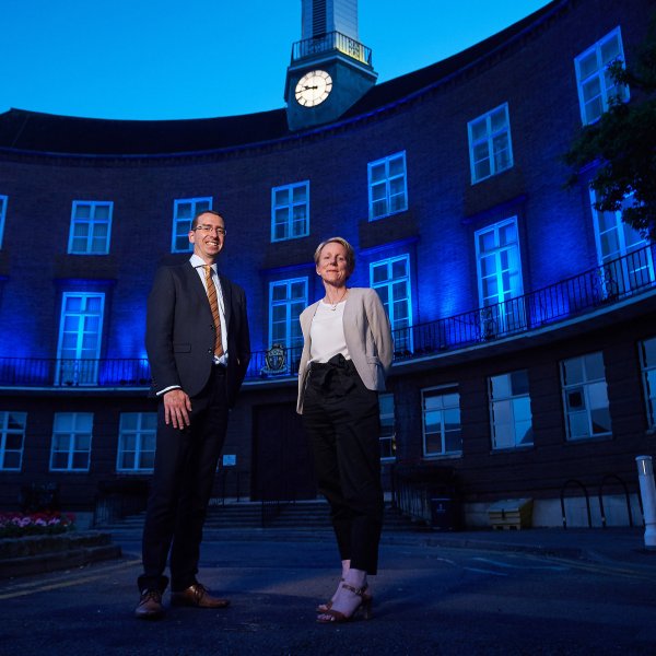 NHS_Blue_Lights_SJ_018  © Licensed to simonjacobs.com. 05/07/2018 London, UK. Watford Town Hall is lit with blue lights to celebrate the 70th anniversary of the formation of the NHS.Photo credit : Simon Jacobs