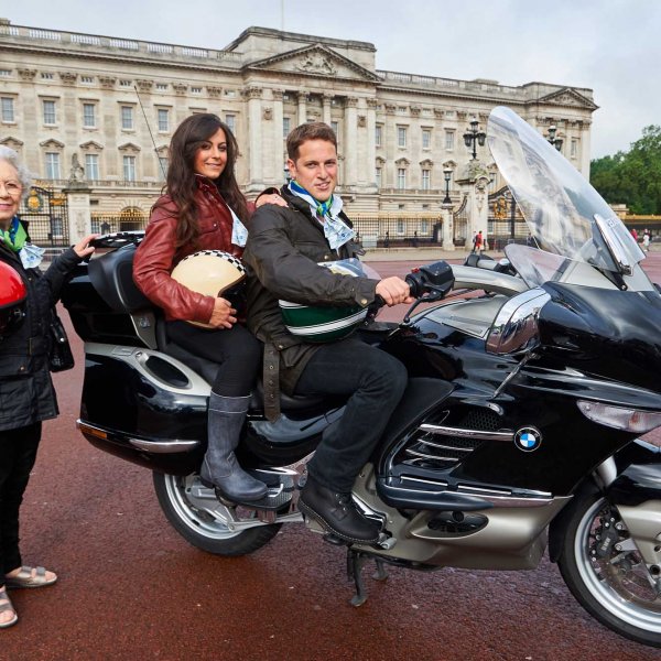ride_to_work__sj_32  © Licensed to simonjacobs.com. 14.06.16 London, UK. Royal family lookalikes outside Buckingham Palace, London as part of  Ride to Work Day, the annual event encouraging a two-wheeled commute. Carole Nash is providing free commuting cover for its road policyholders throughout  the event.FREE PRESS, EDITORIAL AND PR USAGE.Photo credit : Simon Jacobs